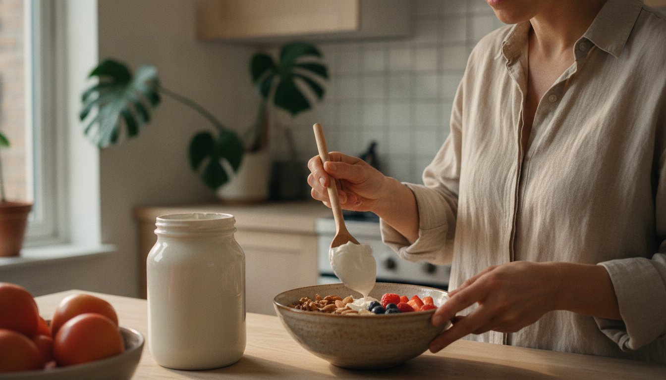 Woman preparing a high-protein breakfast with skyr and nuts