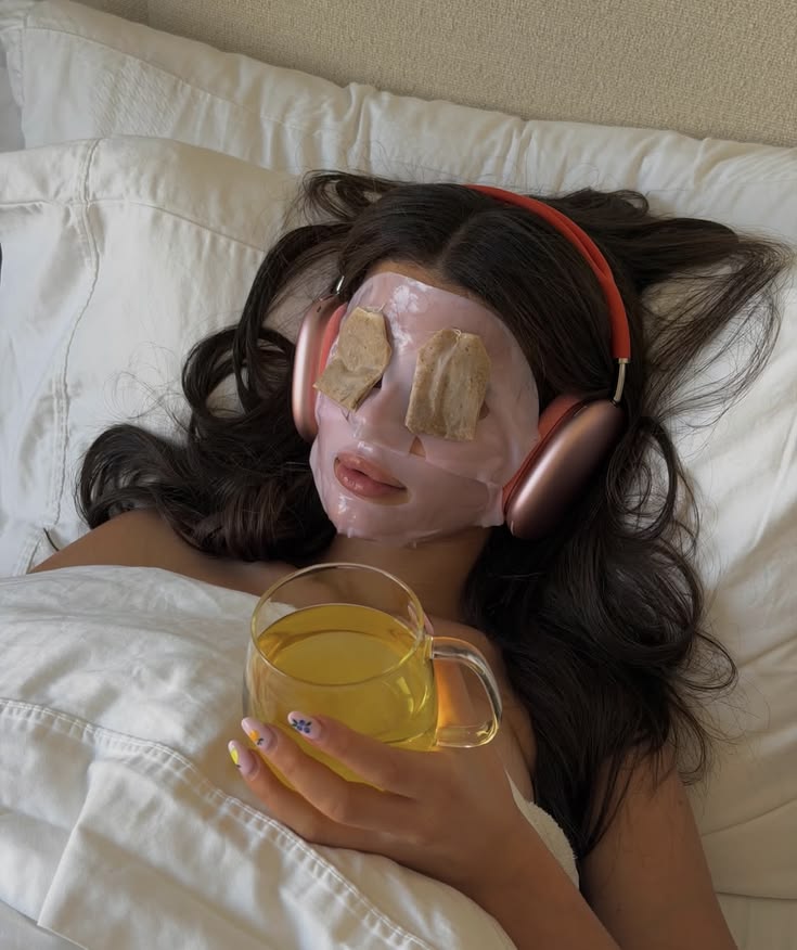 Morning skincare routine in bed