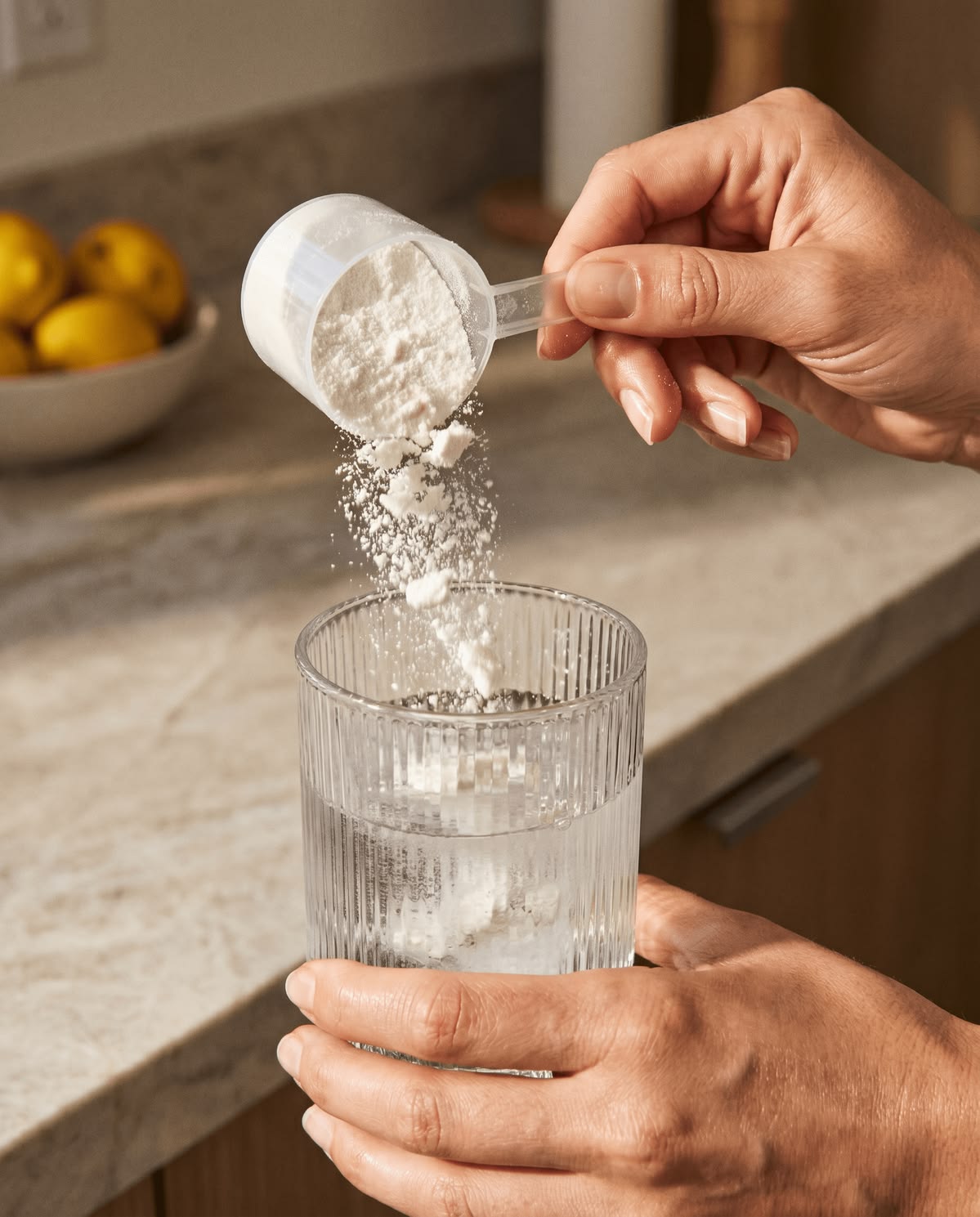 Measuring out a portion of creatine monohydrate and dissolving it in a glass of water
