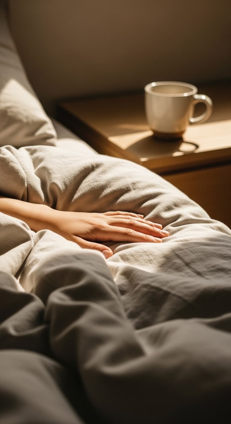 Osoba śpiąca pod kocem, obok kubek na stoliku nocnym