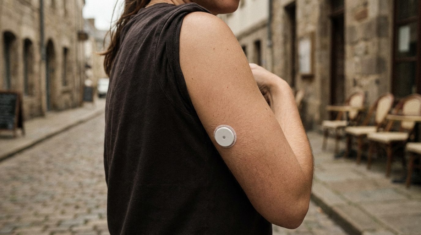 A continuous glucose monitoring sensor worn on the upper arm