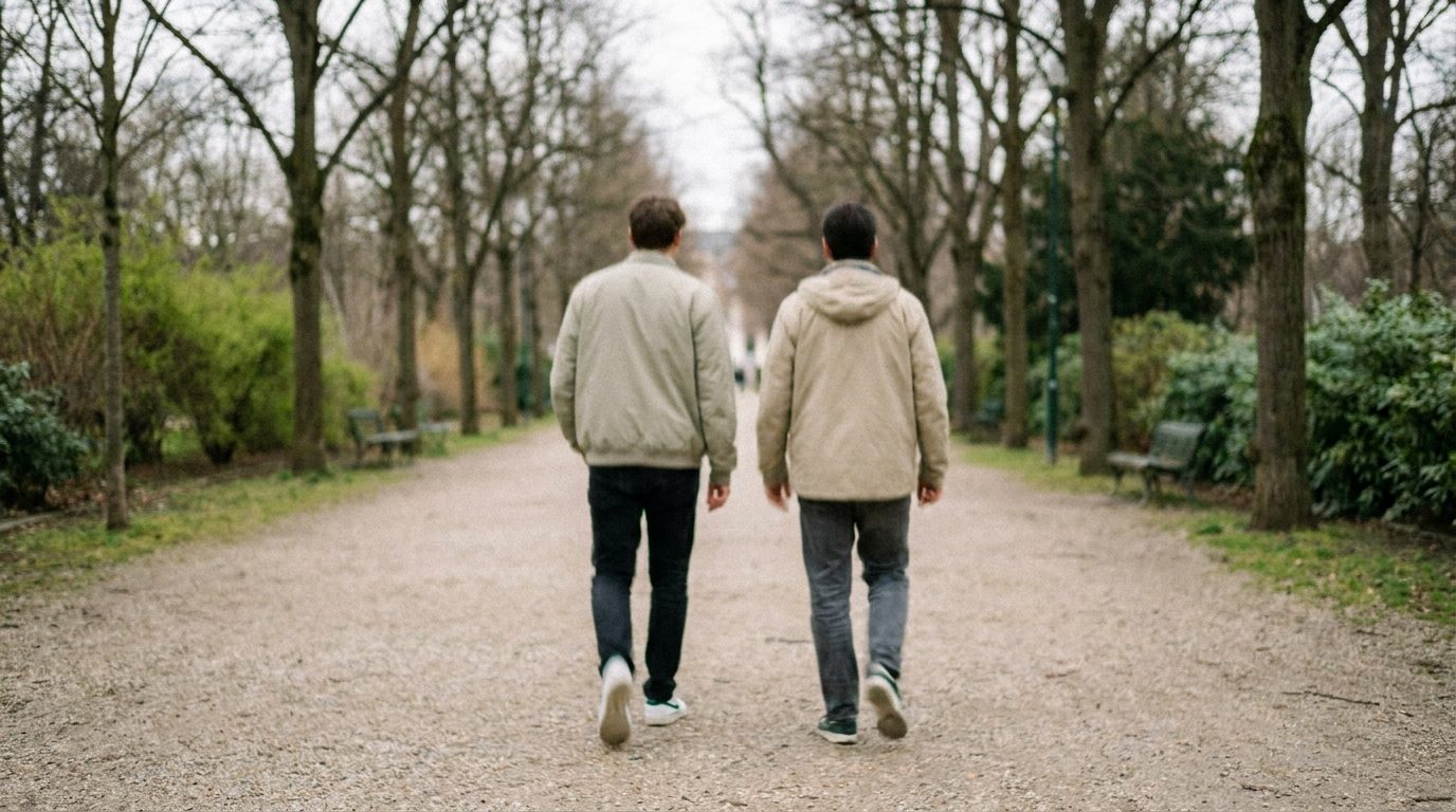 Two people walking in a park after a meal